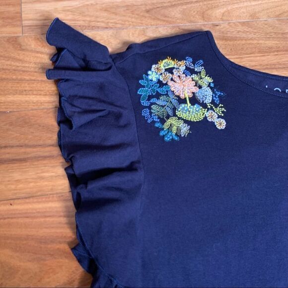 navy blue floral shirt embroidered flutter butterfly sleeve boho‎ - Picture 2 of 7